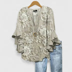 Women floral blouse with ruffled 3/4 sleeves and V-neckline regular fit