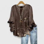 Women floral blouse with ruffled 3/4 sleeves and V-neckline regular fit