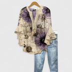 Women floral blouse with ruffled 3/4 sleeves and V-neckline regular fit