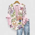 Women floral blouse with ruffled 3/4 sleeves and V-neckline regular fit
