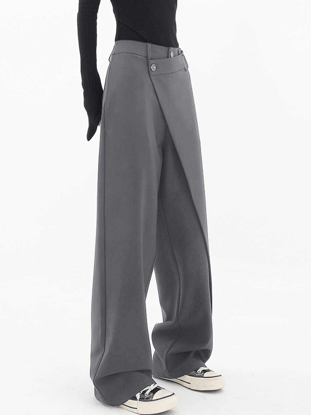 Women wide leg trousers asymmetric button detail in black and grey