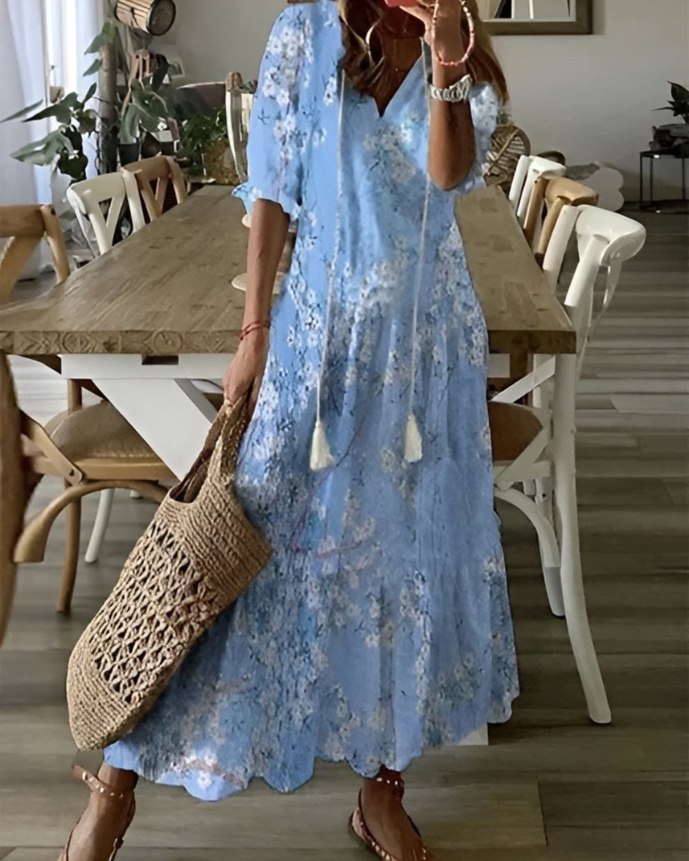 Women's boho maxi dress with loose fit and fringe detail, multiple colours
