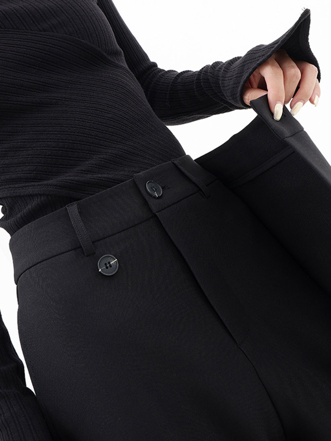 Women wide leg trousers asymmetric button detail in black and grey