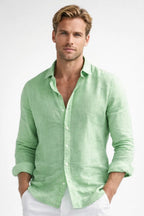 Linen Shirt Men Long Sleeve Button Front Collared Casual