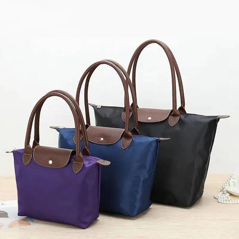 Women's leather tote bag large shoulder bag with zipper, water-resistant nylon