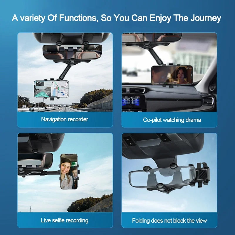 Car mirror phone holder with 360° rotating rearview mount in black PP