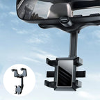 Car mirror phone holder with 360° rotating rearview mount in black PP