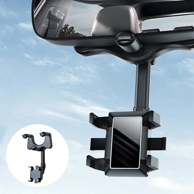 Car mirror phone holder with 360° rotating rearview mount in black PP