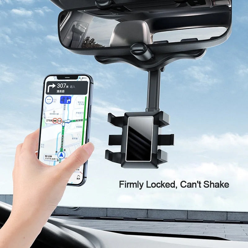 Car mirror phone holder with 360° rotating rearview mount in black PP