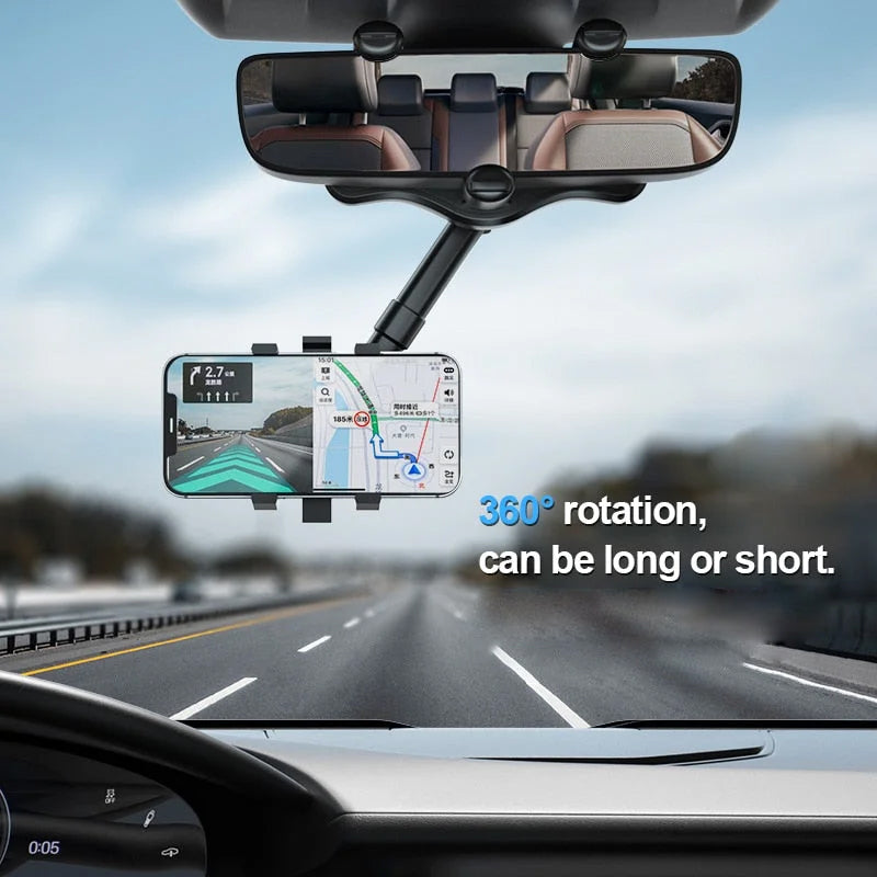 Car mirror phone holder with 360° rotating rearview mount in black PP