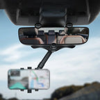 Car mirror phone holder with 360° rotating rearview mount in black PP
