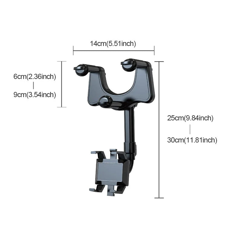Car mirror phone holder with 360° rotating rearview mount in black PP