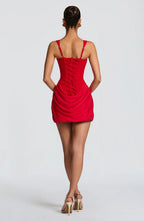 Women's mini dress with square neckline, draped skirt and lace-up back