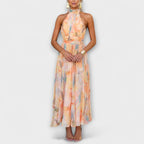 Women watercolor print halter maxi dress flowing silhouette peach