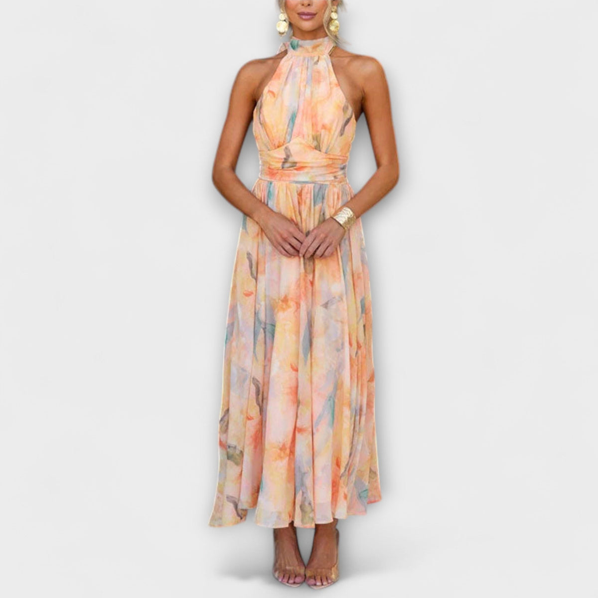 Women watercolor print halter maxi dress flowing silhouette peach