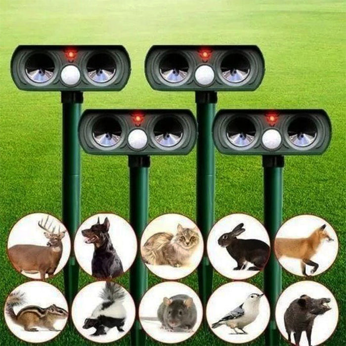 Solar powered ultrasonic pest repeller with PIR motion sensor for outdoor garden use