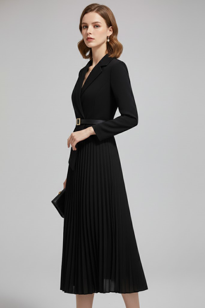 Summer Dress | Belted Blazer Dress | Long Sleeve V Neck Pleated Skirt