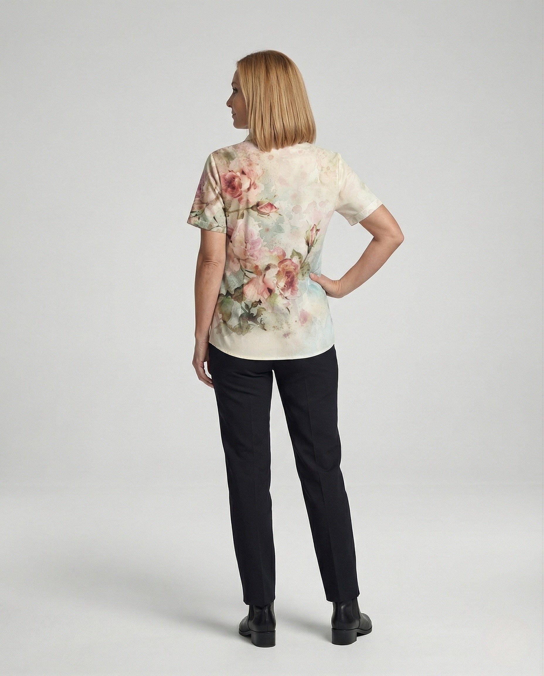 Women's shirt blouse watercolour floral print with side slits and short sleeves