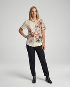 Women's shirt blouse watercolour floral print with side slits and short sleeves