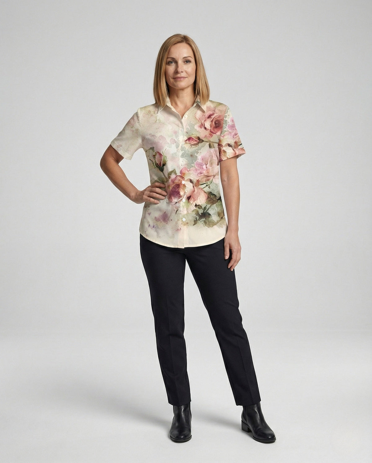 Women's shirt blouse watercolour floral print with side slits and short sleeves