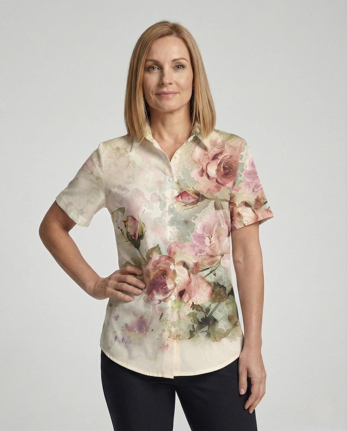 Women's shirt blouse watercolour floral print with side slits and short sleeves