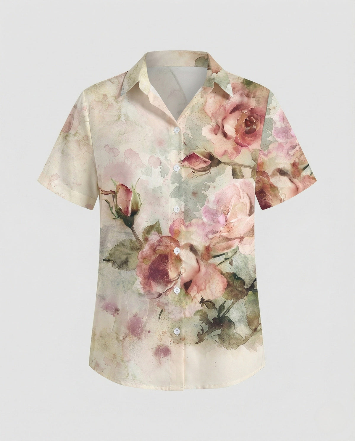Women's shirt blouse watercolour floral print with side slits and short sleeves