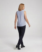 Women's sleeveless blouse blue striped stand collar button placket office