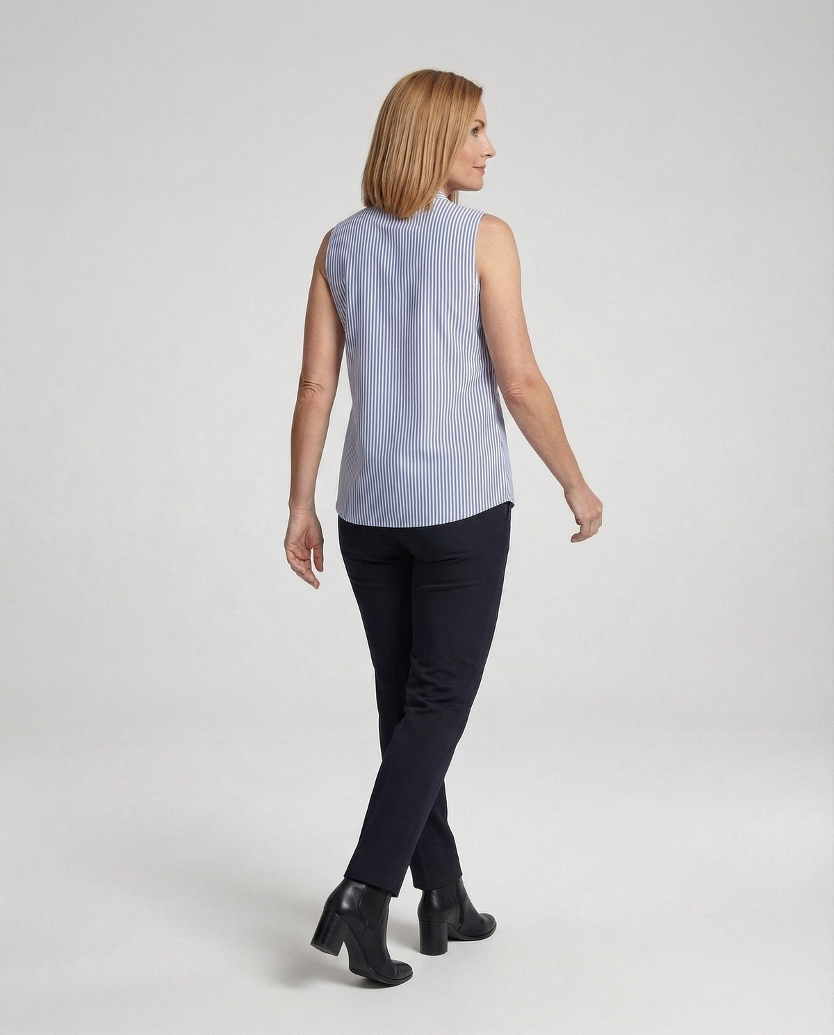Women's sleeveless blouse blue striped stand collar button placket office