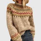 Women knit jumper Nordic pattern in camel and grey