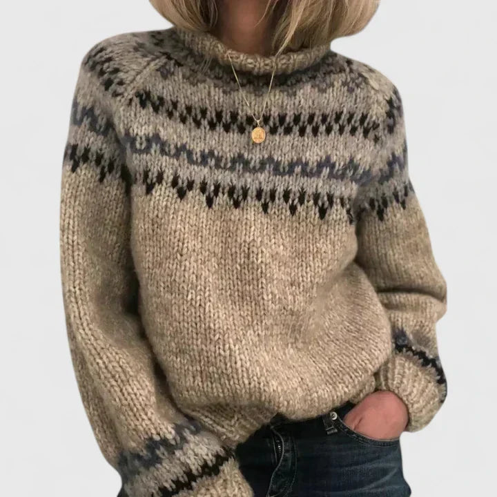 Women knit jumper Nordic pattern in camel and grey