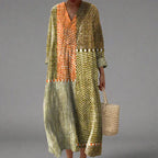 Women woven V-neck dress geometric pattern relaxed fit