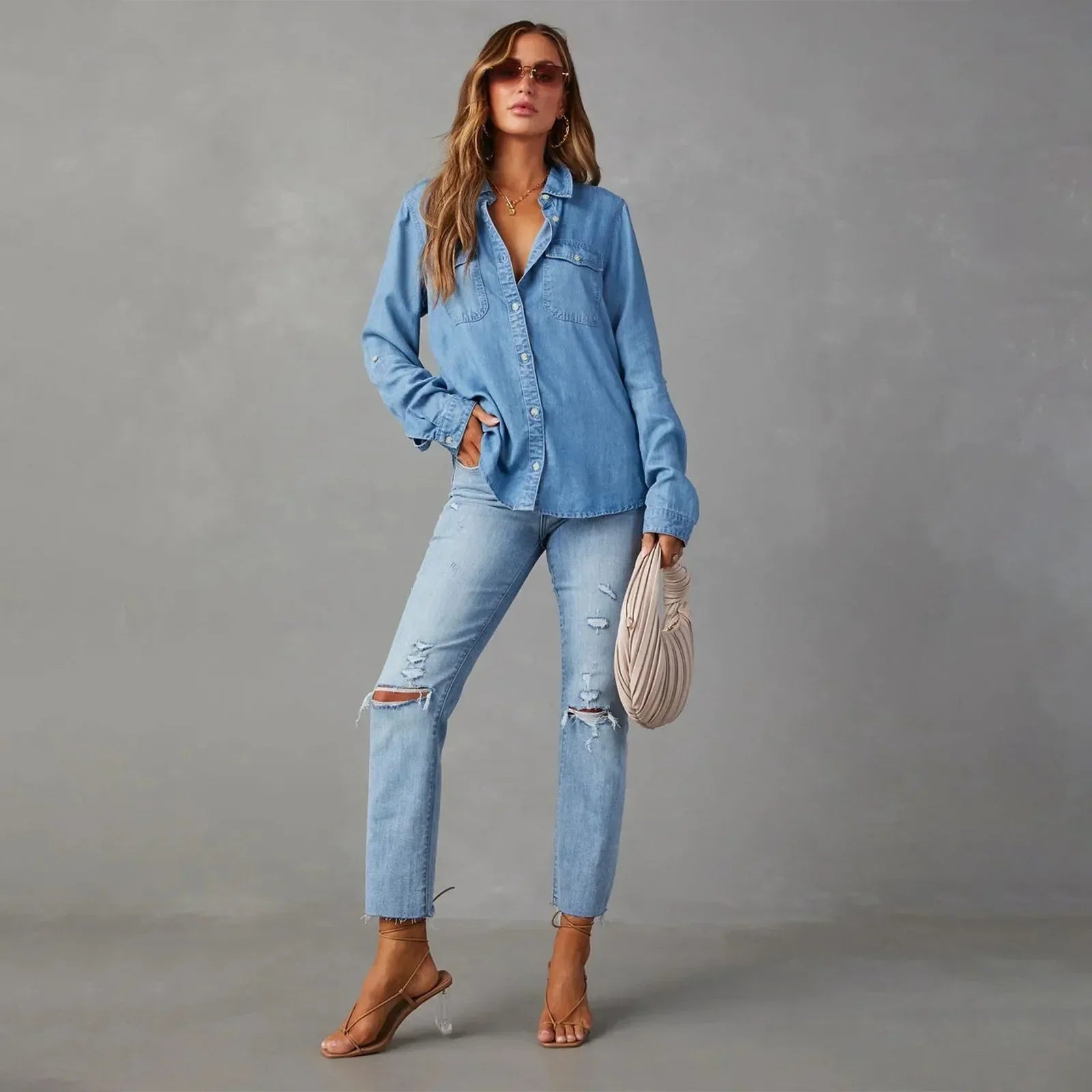 Women denim shirt classic fit in blue, cotton button-up top