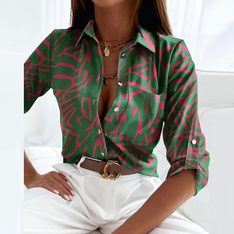 Women satin blouse graphic print lapel collar long sleeve slim fit