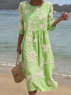 Women's floral midi dress with round neck in linen-cotton blend, summer style