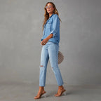Women denim shirt classic fit in blue, cotton button-up top