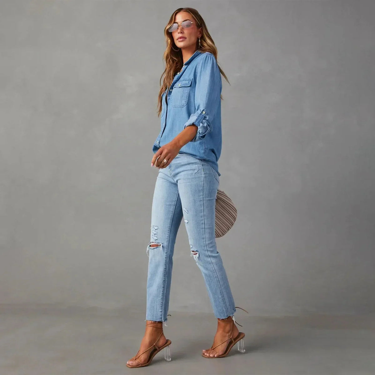 Women denim shirt classic fit in blue, cotton button-up top