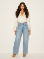 Women high waist straight leg denim jeans with sequin detail in blue and black