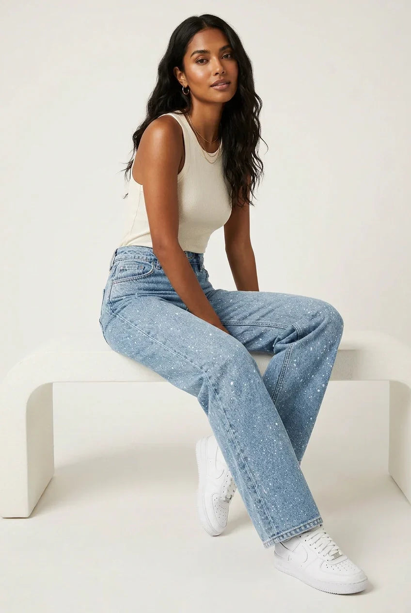 Women high waist straight leg denim jeans with sequin detail in blue and black