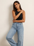 Women high waist straight leg denim jeans with sequin detail in blue and black