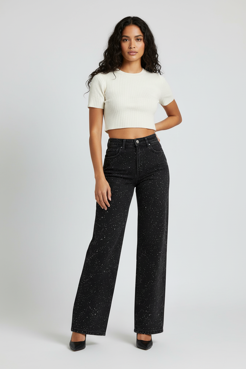 Women high waist straight leg denim jeans with sequin detail in blue and black