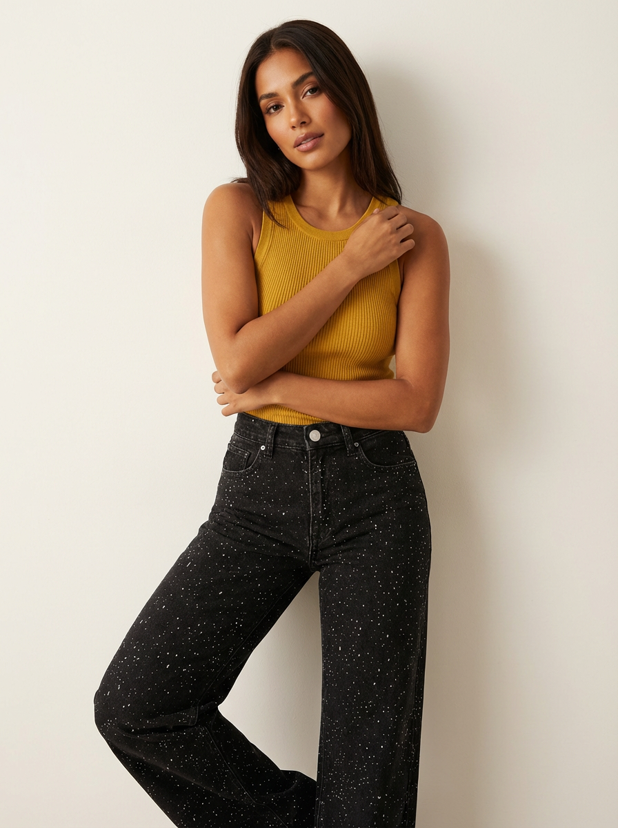 Women high waist straight leg denim jeans with sequin detail in blue and black