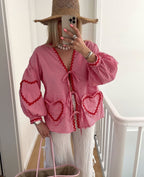 Women's heart blouse gingham ruffle tie-front romantic top