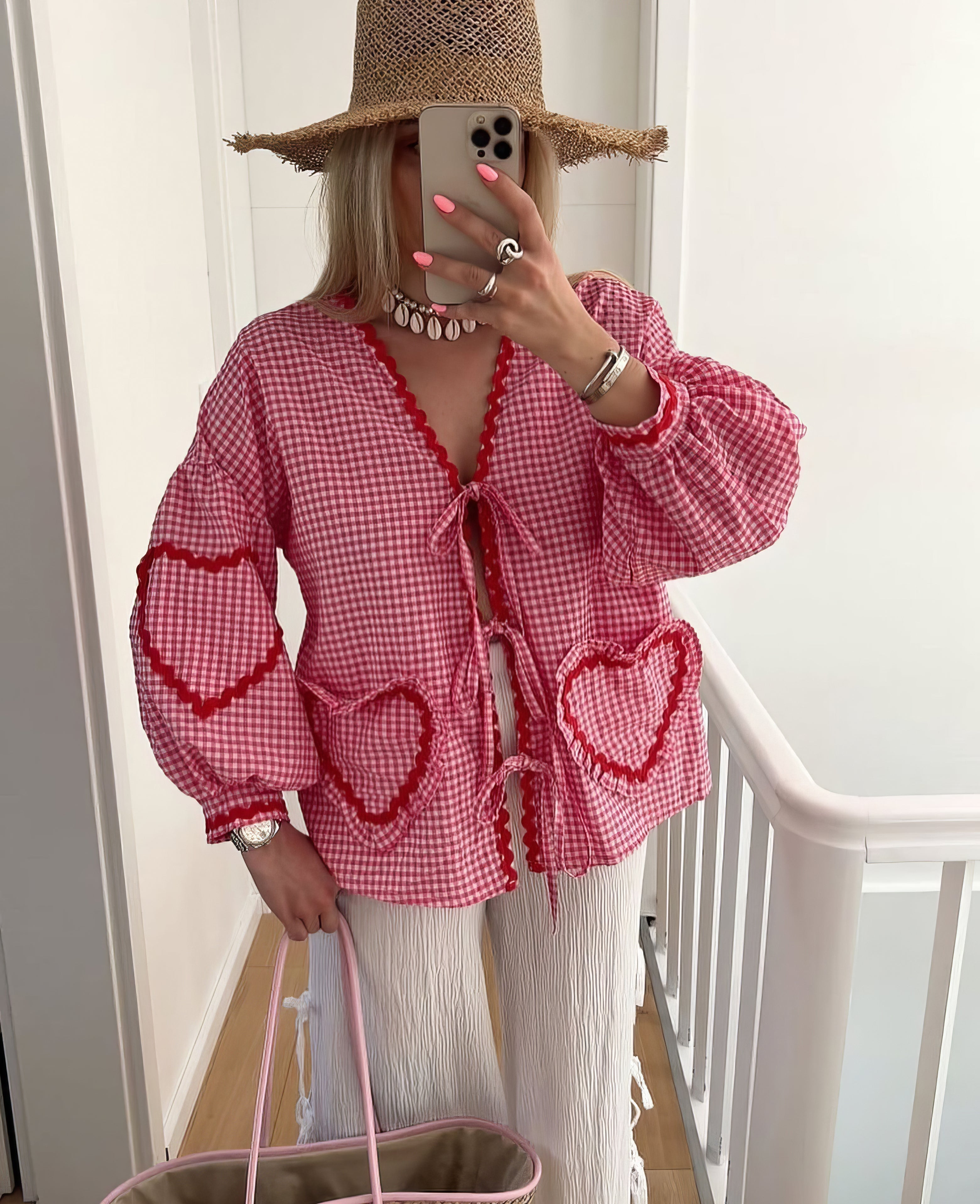 Women's heart blouse gingham ruffle tie-front romantic top