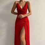 Women's maxi evening dress with cross neckline and side slit, slim formal gown