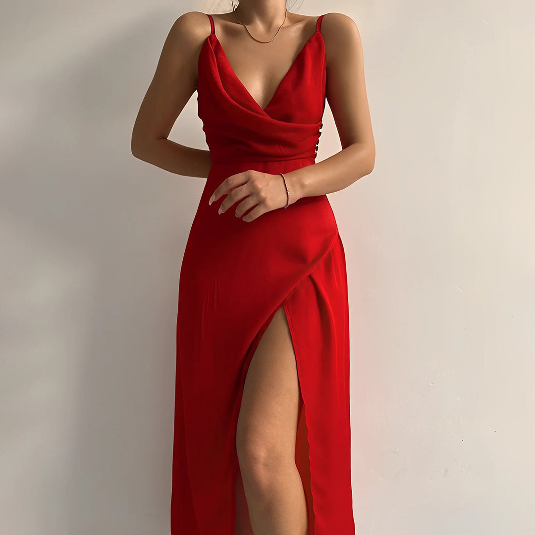 Women's maxi evening dress with cross neckline and side slit, slim formal gown