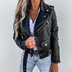 Women's biker jacket with lapel collar in black and burgundy, structured fit