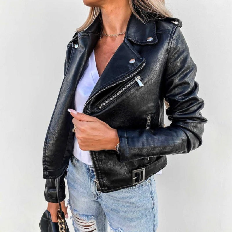 Women's biker jacket with lapel collar in black and burgundy, structured fit