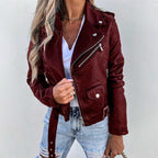 Women's biker jacket with lapel collar in black and burgundy, structured fit