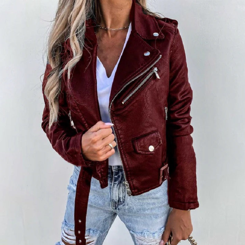 Women's biker jacket with lapel collar in black and burgundy, structured fit