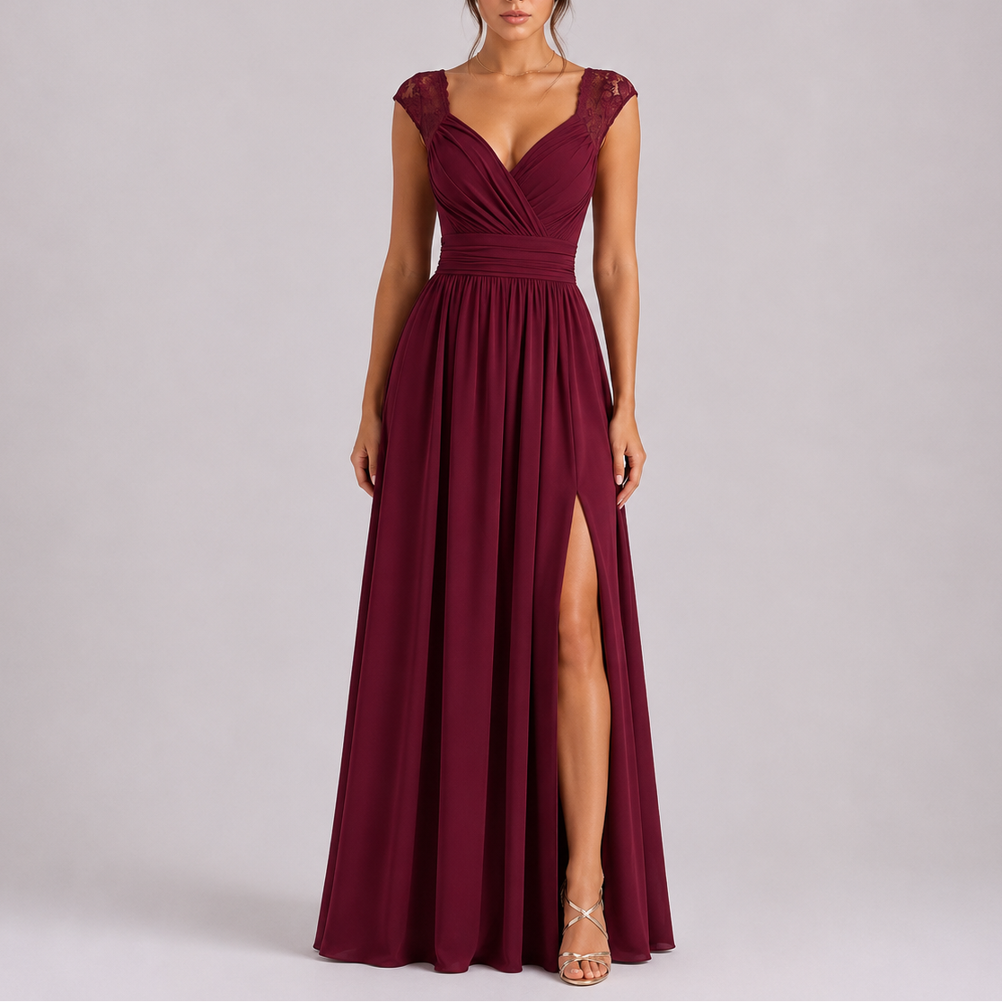 Formal maxi dress with lace shoulder detail and floor-length skirt, sleeveless evening gown